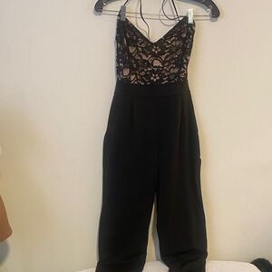Black Lace-Top Jumpsuit with Spaghetti Straps